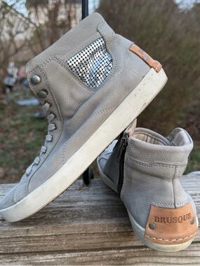Grey Leather Brusque High Top Sneakers With Embellishment Size 8.5 Ladies